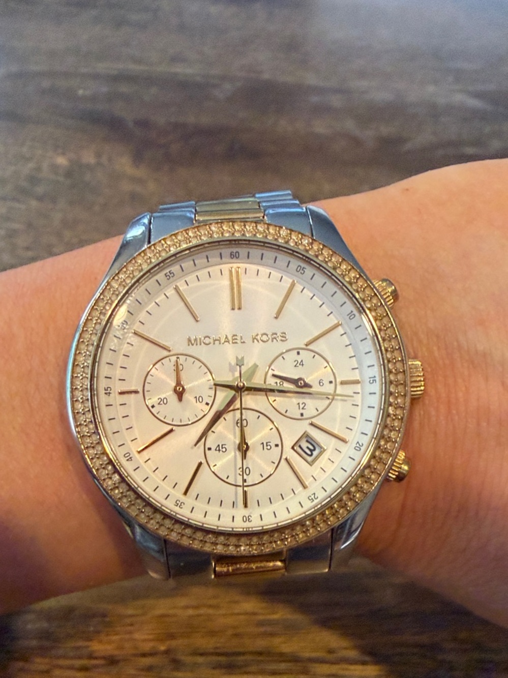 Michael Kors Two-Tone Silver and Gold Crystal Bezel Chronograph Watch